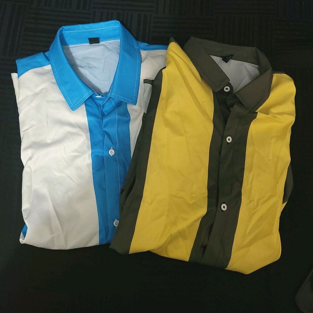 2 Bowling Shirts Mens XL Blue White Gray Yellow Retro Rockabilly Button Up